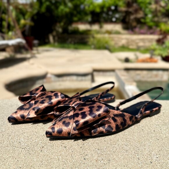 New Leopard Oversized Bow Pointed Toe Slingback Ballet Flat Mules Ballerina Shoe - Picture 4 of 6